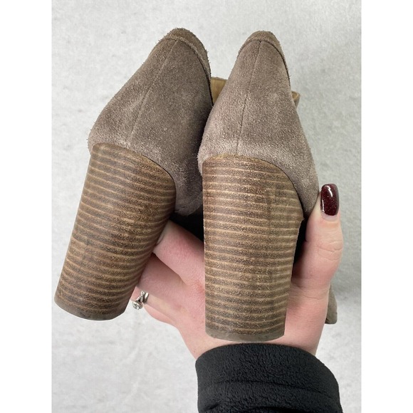 Lucky Brand Laretah Taupe Suede Leather Open Toe High‎ Heel Ankle Boots Size 9.5 - Picture 10 of 13